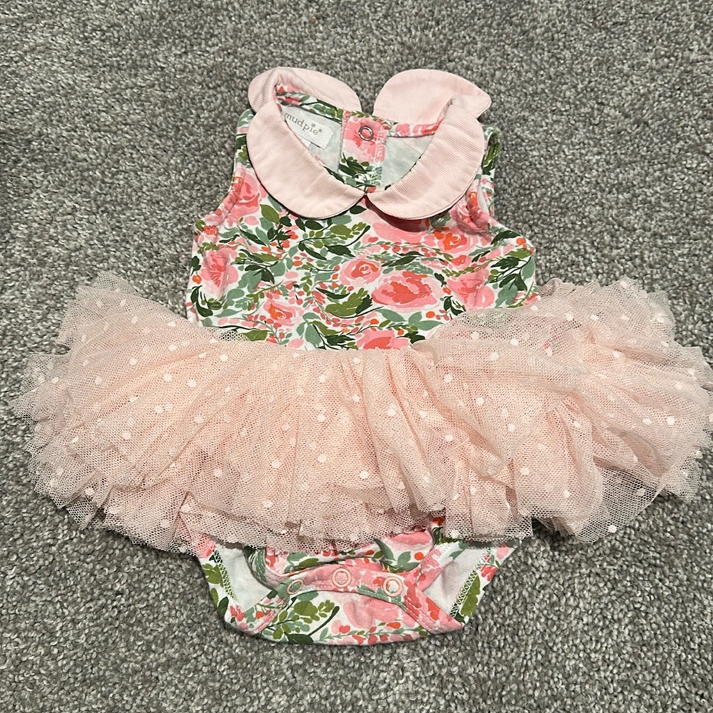 Mud Pie spring‎ summer floral collared baby tutu bodysuit 0-3 months